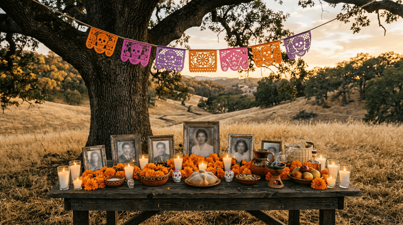 Día de los Muertos ofrenda with marigolds and candles beneath a valley oak