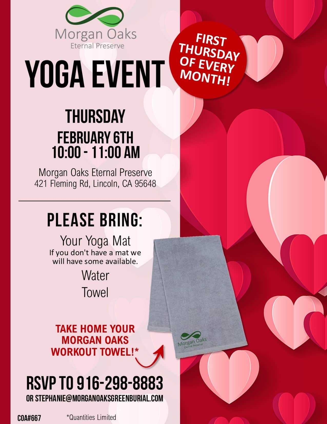 Yoga event flyer for Morgan Oaks, Lincoln, monthly sessions.