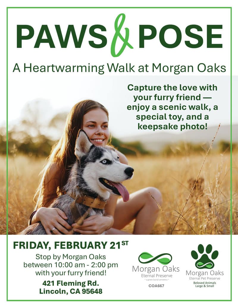 Event flyer for Paws & Pose at Morgan Oaks