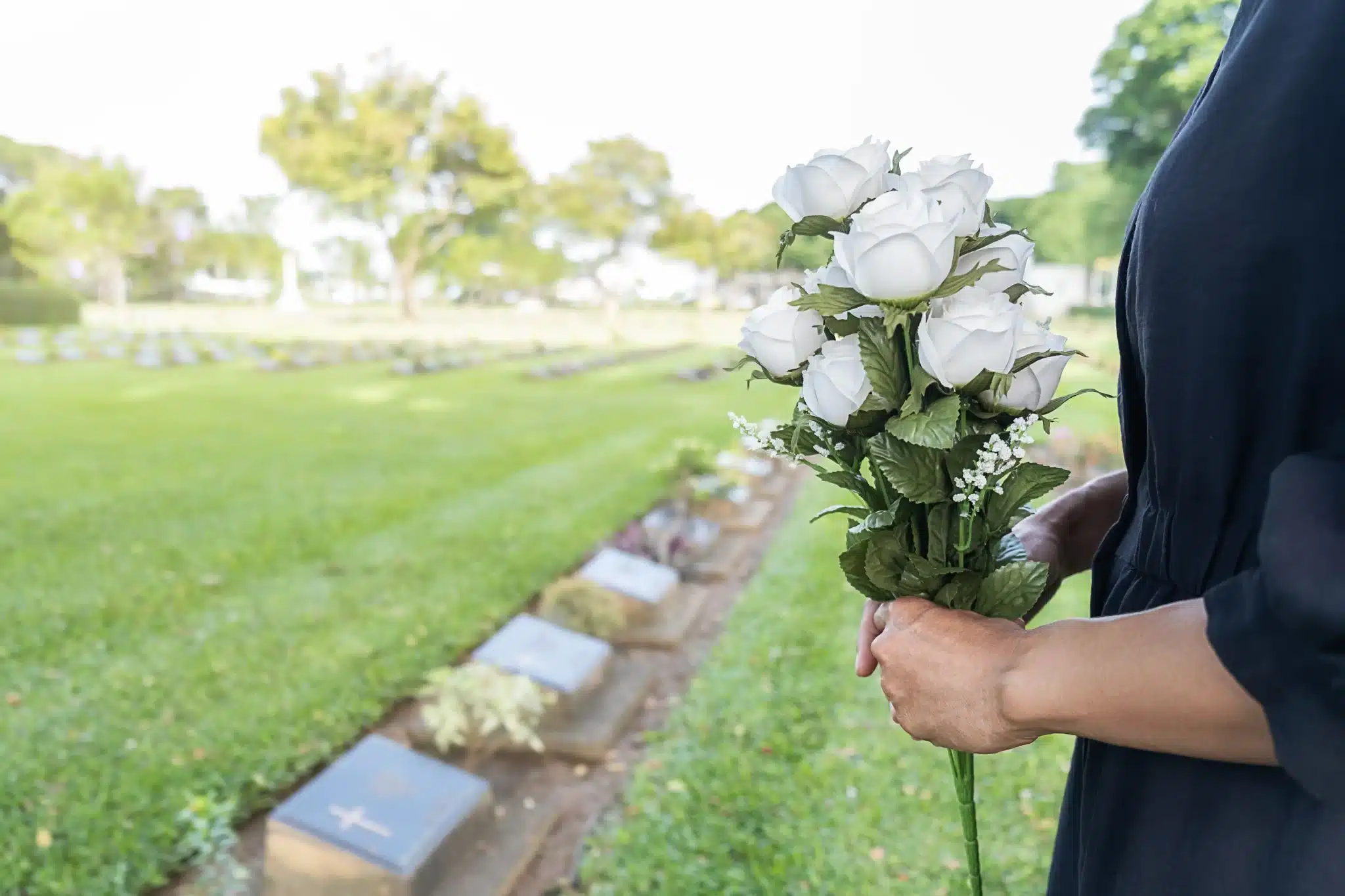 Person holding white roses at cemetery for green burial services in corona del mar california