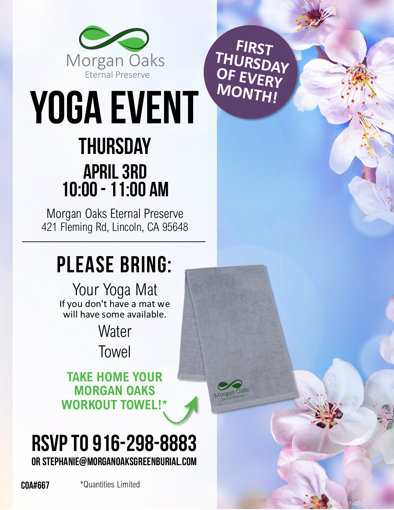 Promotional flyer for a monthly yoga event at Morgan Oaks.